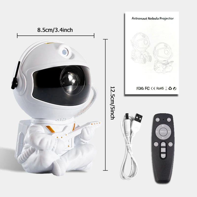 Astronaut star projector lamp with dimensions, power cable, and remote control.
