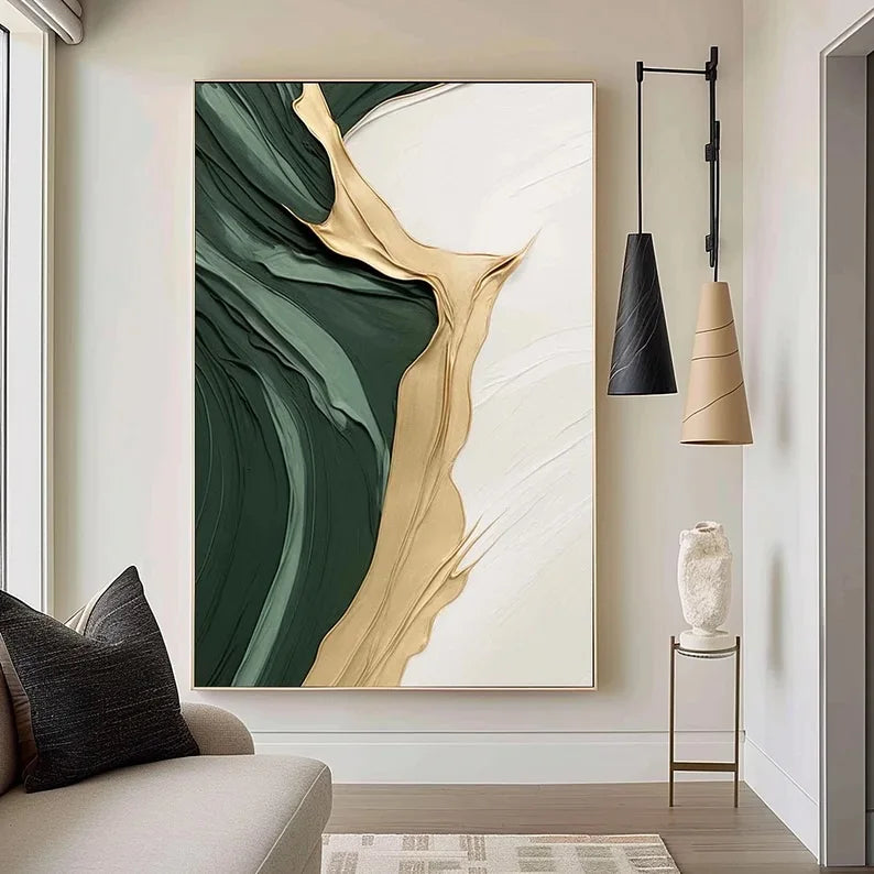 Modern Essence – 3D Gold & Green Abstract Art for Home Décor