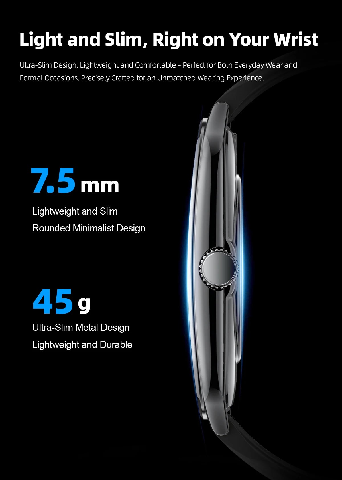 PrimeView Ultra Thin Smart Watch 1.96" AMOLED 360x360 HD Display - Always-On Time & Call Reminder - Compatible with Huawei & Android Phones