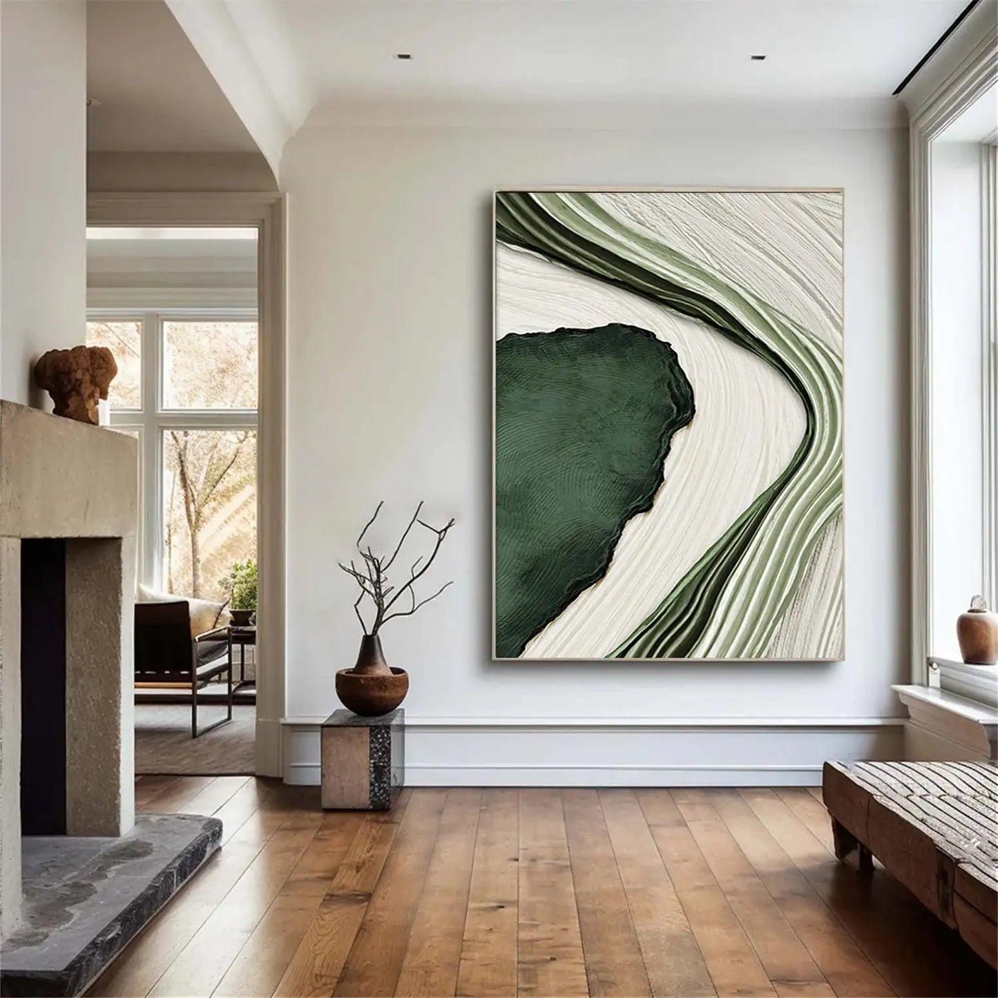 Modern Essence – 3D Gold & Green Abstract Art for Home Décor