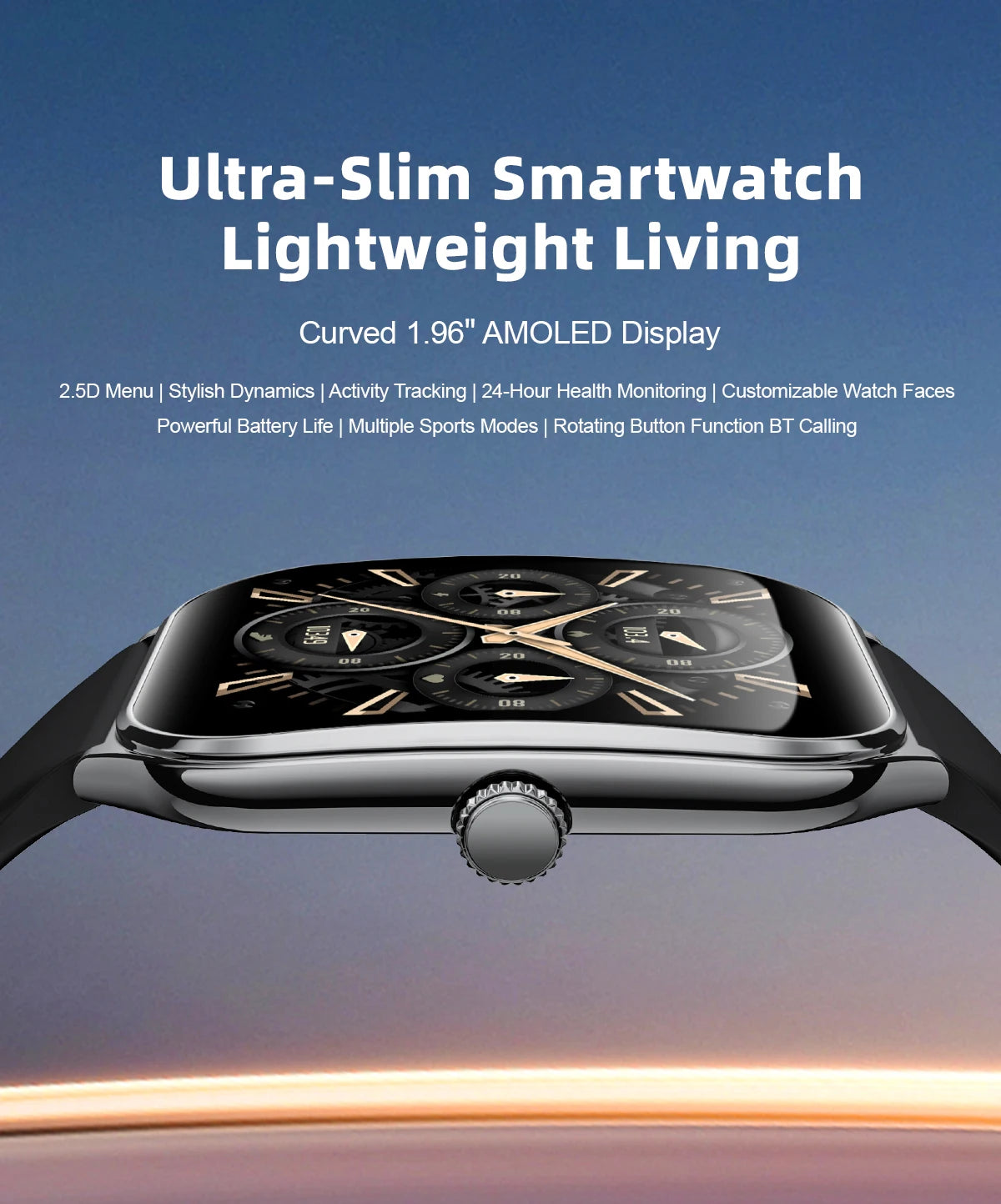 PrimeView Ultra Thin Smart Watch 1.96" AMOLED 360x360 HD Display - Always-On Time & Call Reminder - Compatible with Huawei & Android Phones
