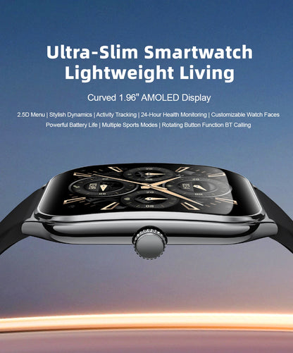PrimeView Ultra Thin Smart Watch 1.96" AMOLED 360x360 HD Display - Always-On Time & Call Reminder - Compatible with Huawei & Android Phones