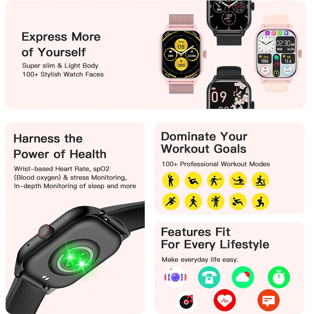 Smart Watch LEMFO LT10 2024 - Android Compatible, Fitness & Sports Tracking, Bluetooth Calling, Music Player, Modern Unisex Design