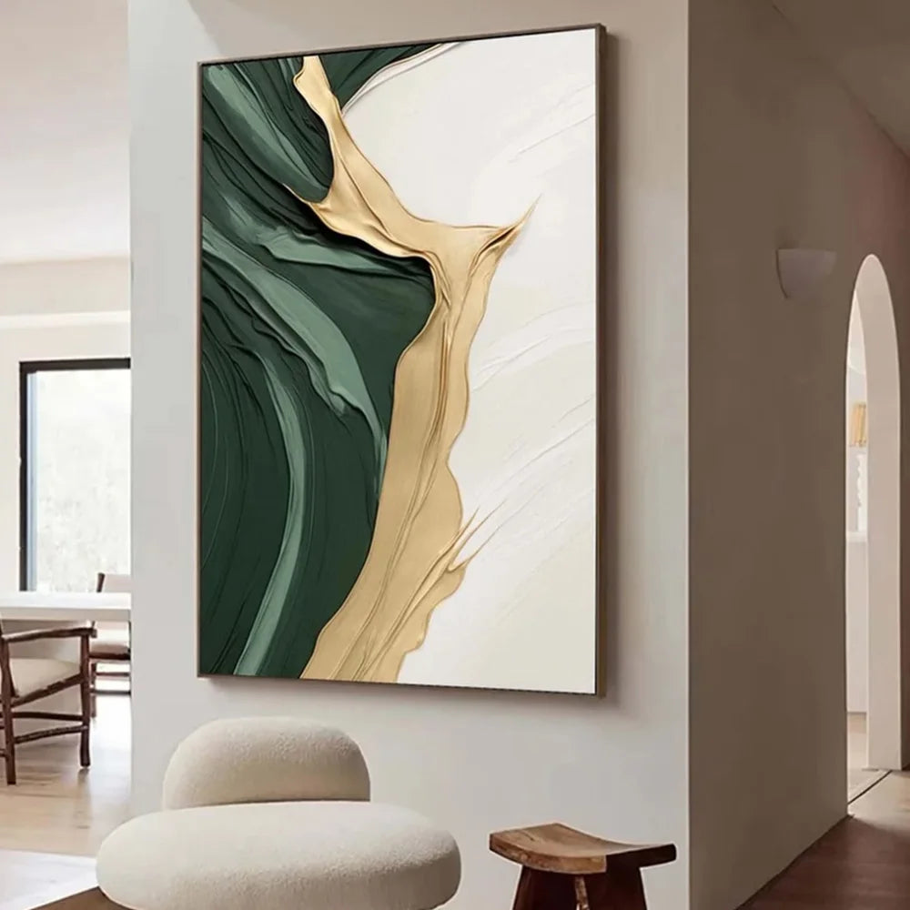 Modern Essence – 3D Gold & Green Abstract Art for Home Décor