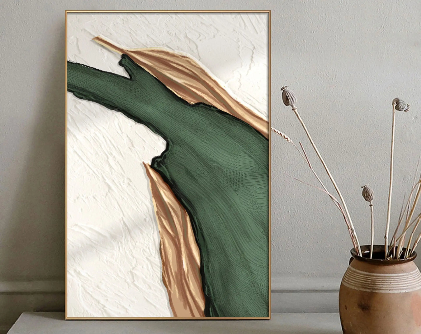 Modern Essence – 3D Gold & Green Abstract Art for Home Décor