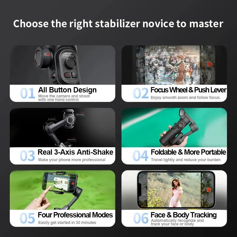 SmartXE 3-Axis Phone Gimbal | AI Face Tracking Stabiliser for iPhone & Android Vlogging