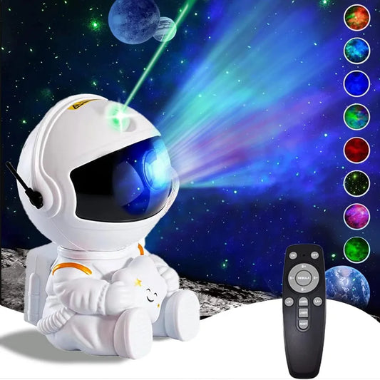 Astronaut star projector lamp showing realistic galaxy and cosmic nebula lighting in a dark room.