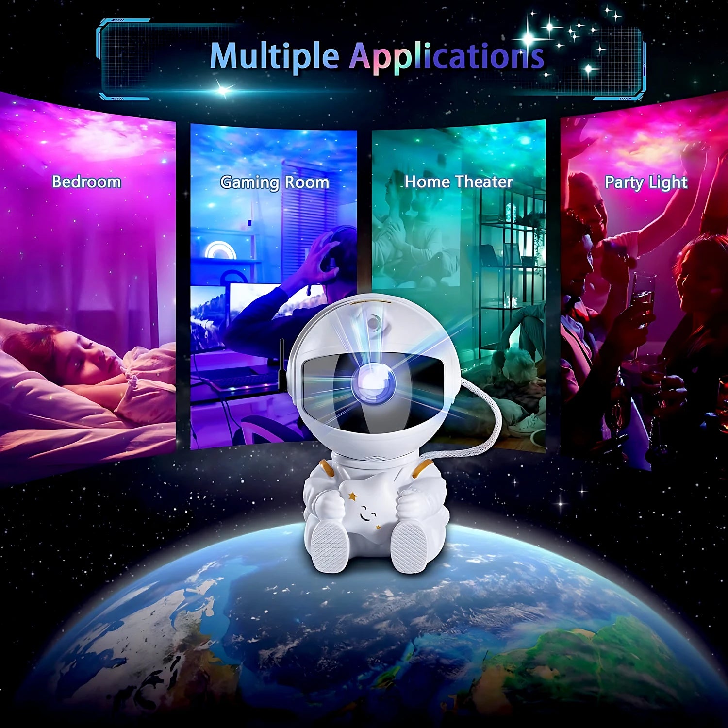 Cosmic nebula projector lamp in astronaut form, adding a soothing glow to any room.