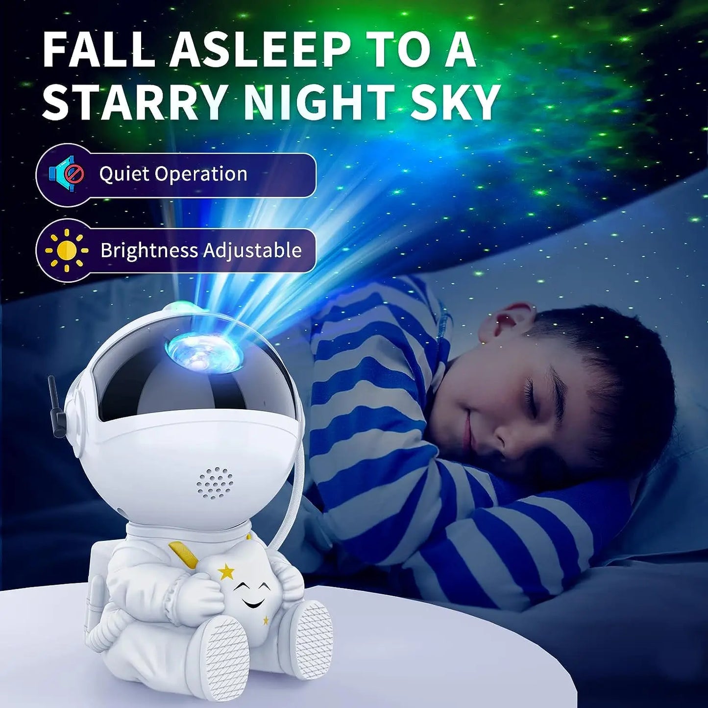 Cosmic nebula projector lamp in astronaut form, adding a soothing glow to any room.
