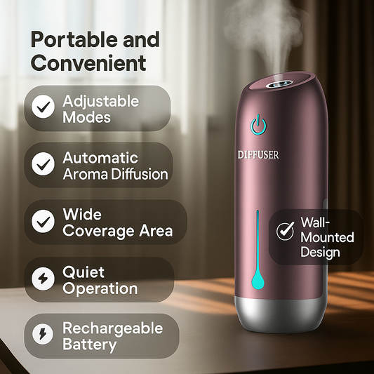 Side angle of stylish home aroma diffuser providing long-lasting scent