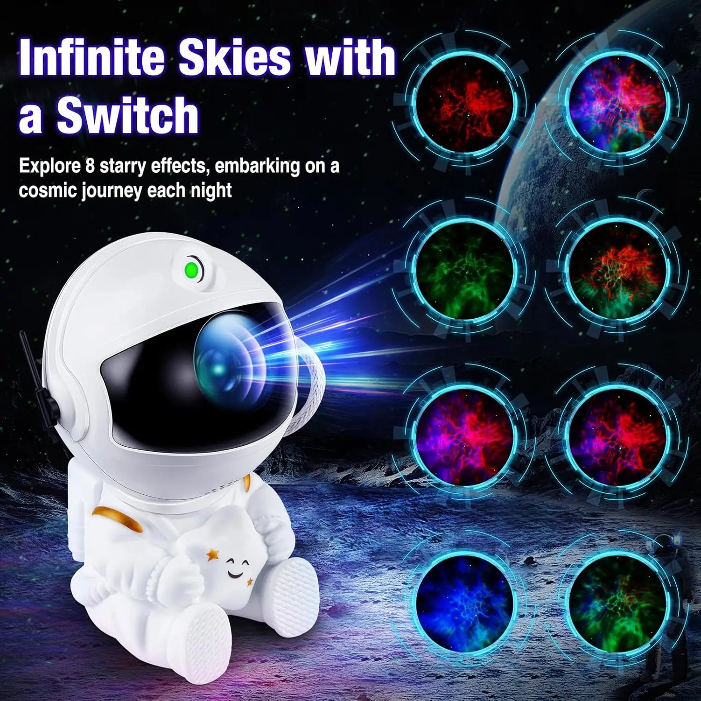 Nebula and star projection from astronaut design lamp for home and kids’ room decor.