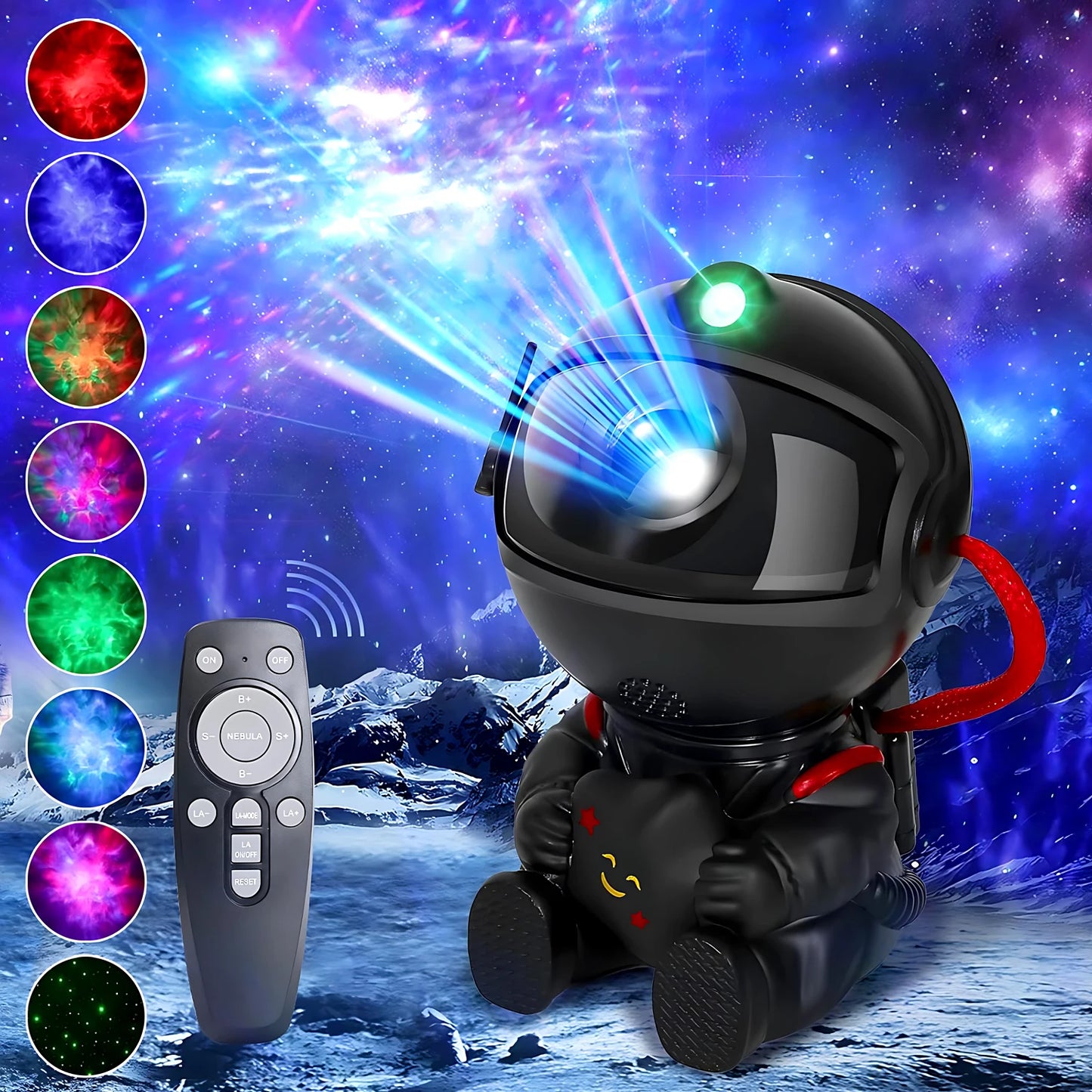 Nebula and star projection from astronaut design lamp for home and kids’ room decor.