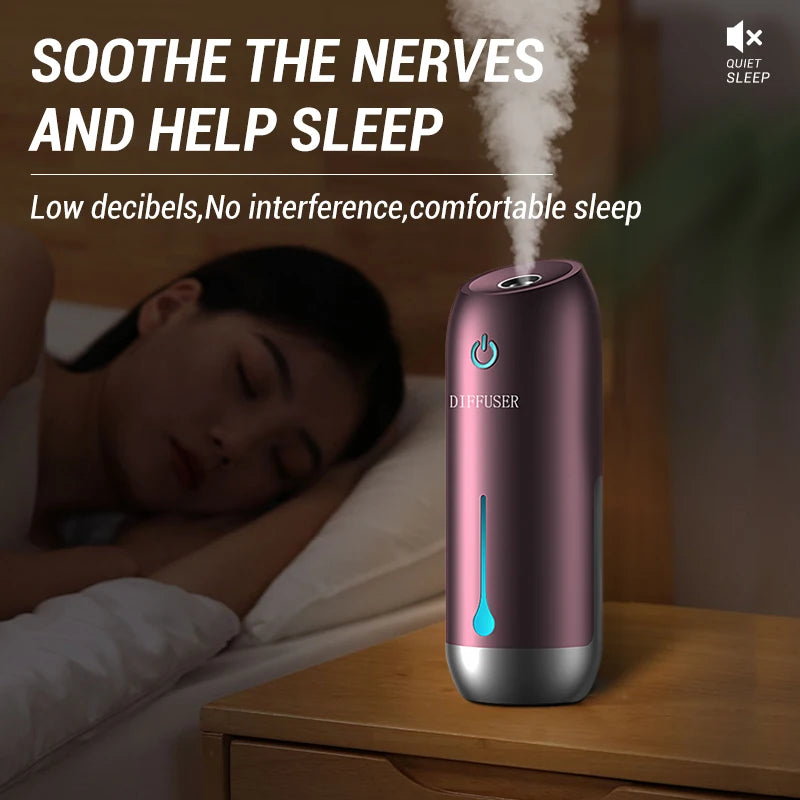 Portable aroma diffuser on bedroom nightstand for peaceful sleep