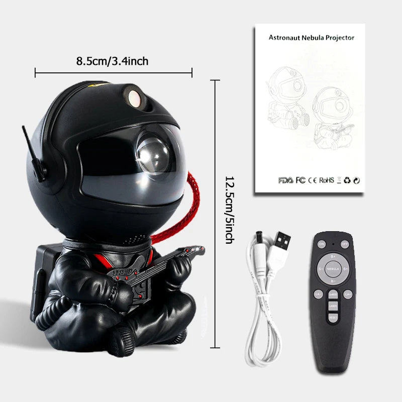 Astronaut star projector lamp with dimensions, power cable, and remote control.