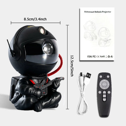 Astronaut star projector lamp with dimensions, power cable, and remote control.