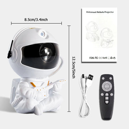 Astronaut star projector lamp with dimensions, power cable, and remote control.