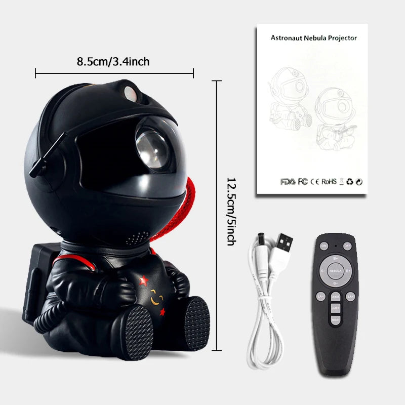 Astronaut star projector lamp with dimensions, power cable, and remote control.