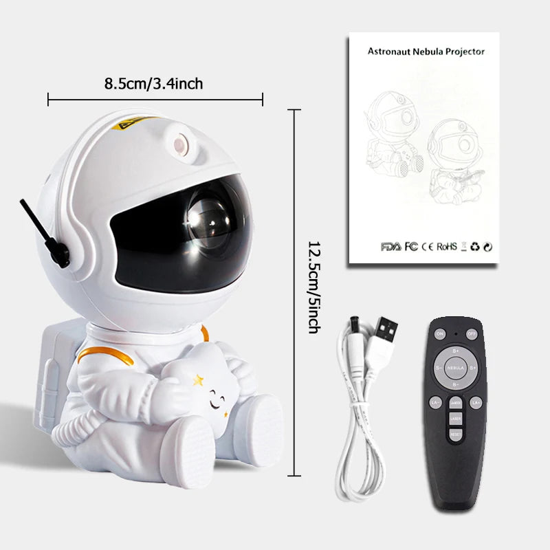 Astronaut star projector lamp with dimensions, power cable, and remote control.