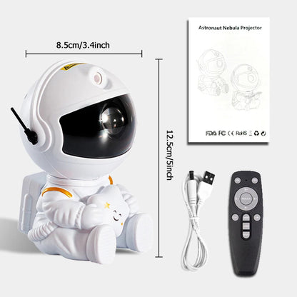 Astronaut star projector lamp with dimensions, power cable, and remote control.