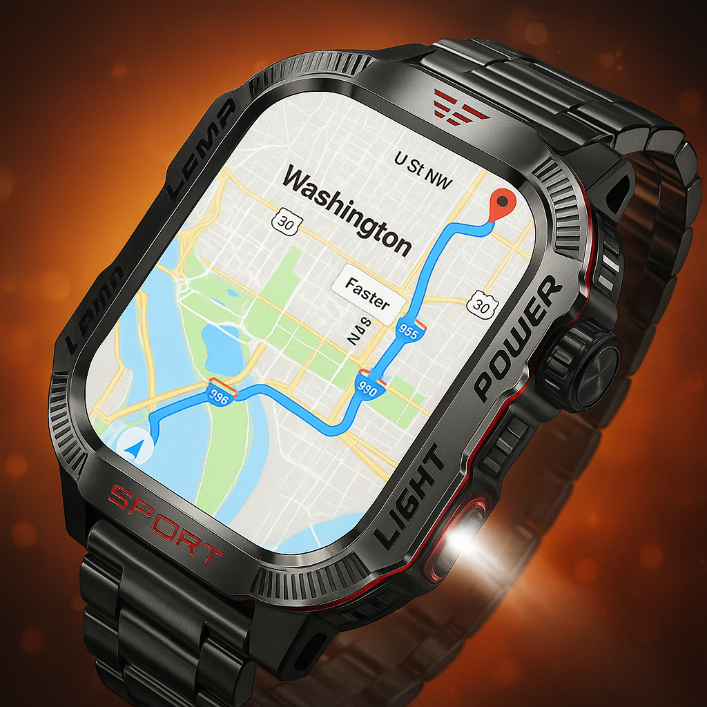 TactiCore smartwatch with GPS and built-in compass for outdoor navigation.