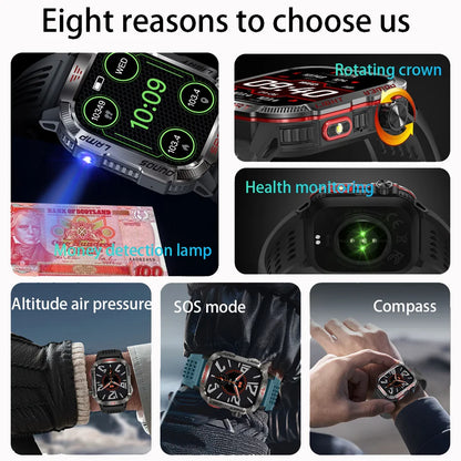 TactiCore GPS smartwatch with dimensions and technical specifications displayed.